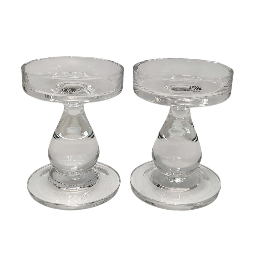 Vintage Krosno Glass Pillar Candle Holder Poland Handmade Crystal Set of Two‎